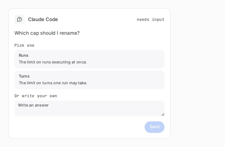 An agent's question with several options to choose from and a box for a free-text answer.