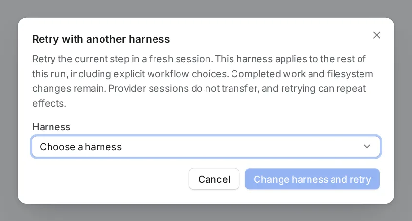 The Retry with another harness dialog with a Harness picker and a Change harness and retry button.