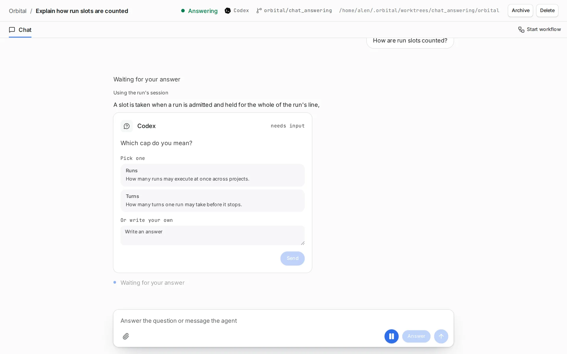 A chat where the agent asks a question and offers options to choose from.