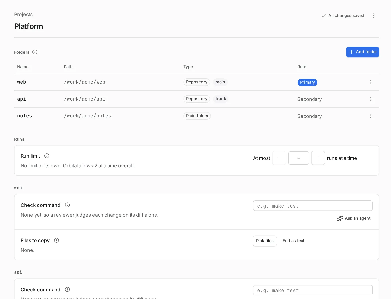 A project page shows a table of folders with name, path, type and role, then the Runs limit and each folder's files to copy.