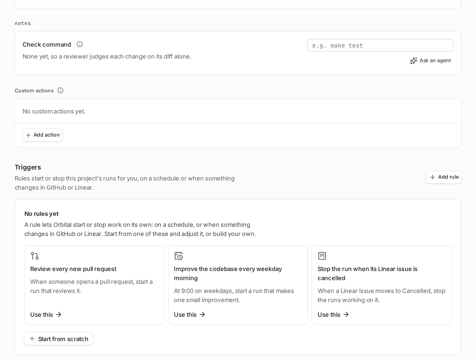 A project page with triggers turned on shows a section for the project's trigger rules.