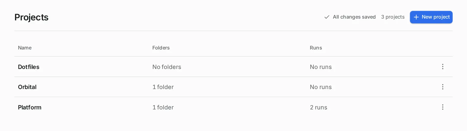 The Projects page shows a table of projects with their folders and runs, and a New project button.