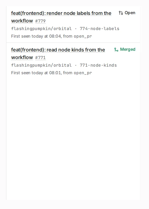 The dock's Pull requests list, showing open and merged pull requests with their branch names.