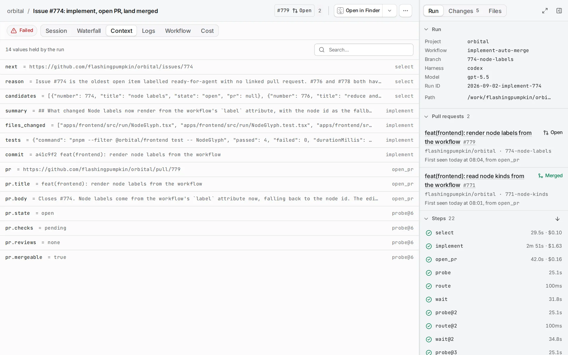The run page's Context tab lists fourteen values held by the run, such as next, summary, pr and pr.state, each with the step that set it on the right.