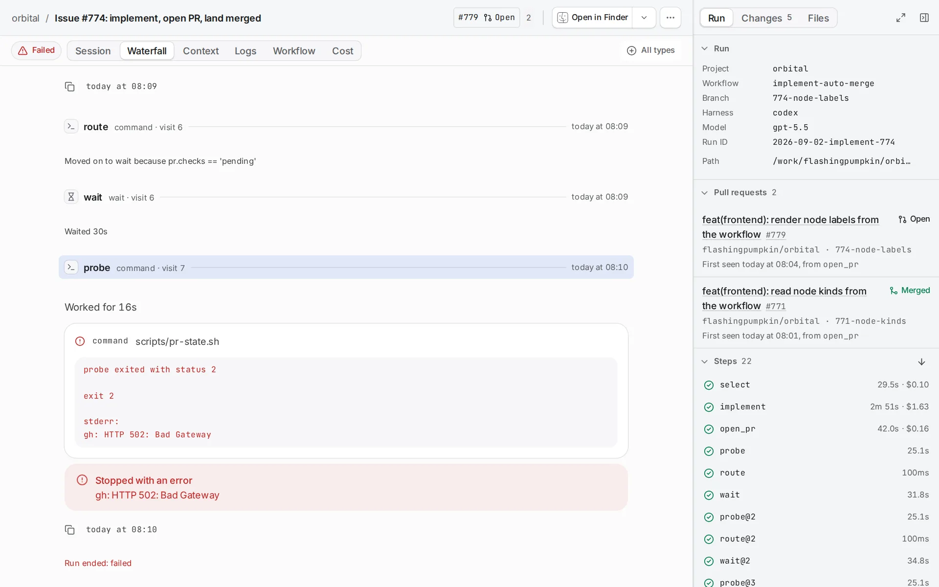 The run page's Waterfall tab highlights a failed command step with its error output and a red Stopped with an error box, followed by Run ended: failed.