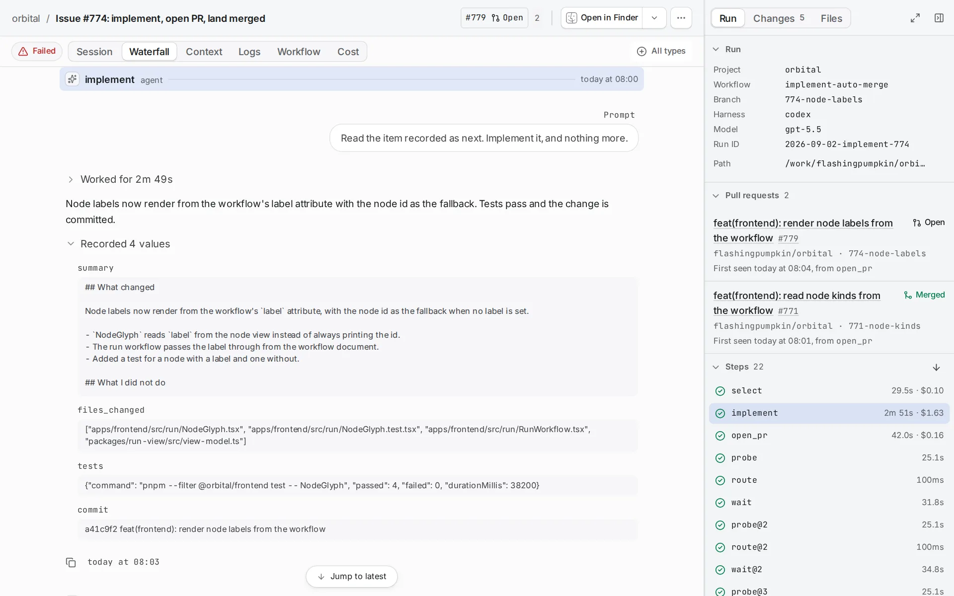 A run page with an agent step selected, showing the step's prompt, the agent's answer and its recorded values, with the run's facts, pull requests and steps in the dock on the right.