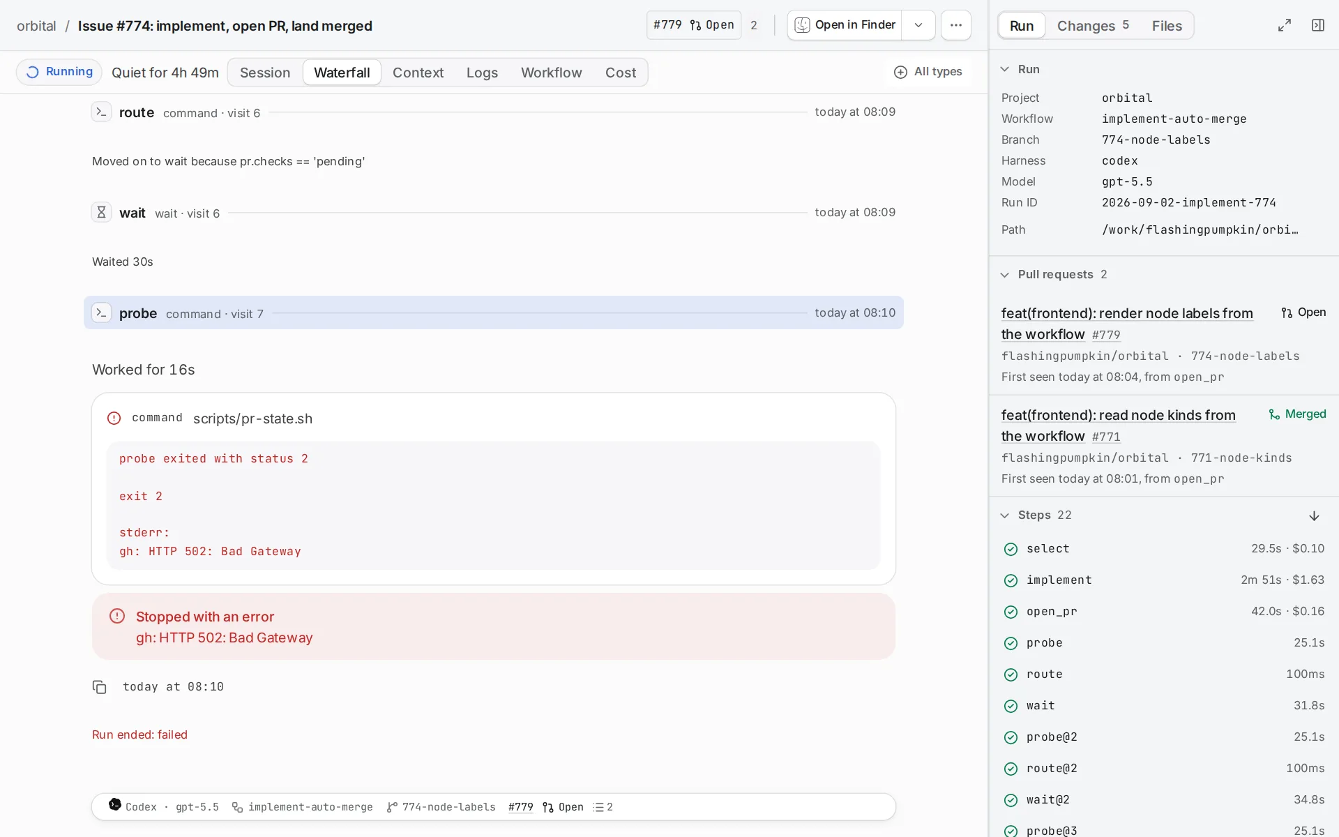 A run page for a running run, with a Running badge and Quiet for 4h 49m beside the tabs, and the harness, model, workflow and branch in a footer at the bottom.