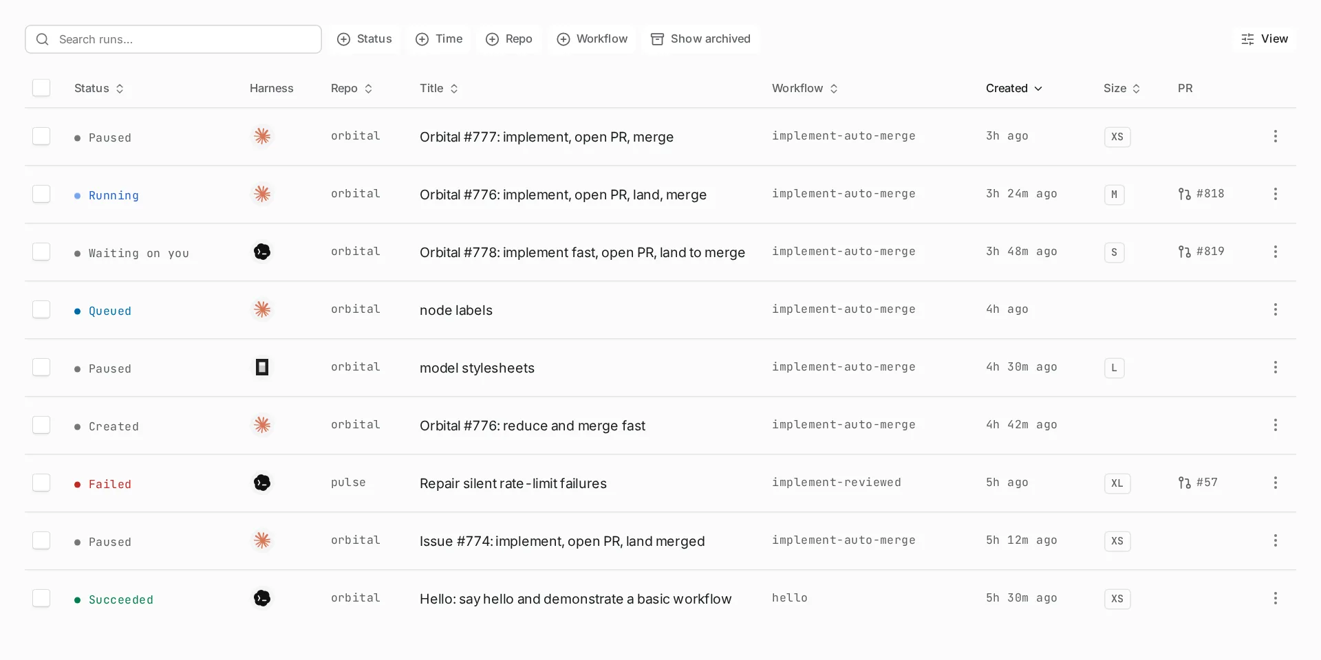 The Runs page, a table of runs with status, harness, repository, title, workflow, created, size and pull request columns, with a search box and filter chips above it.