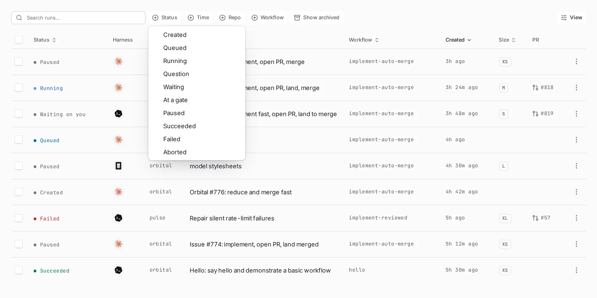 The Runs page with the Status filter open, listing Created, Queued, Running, Question, Waiting, At a gate, Paused, Succeeded, Failed and Aborted.