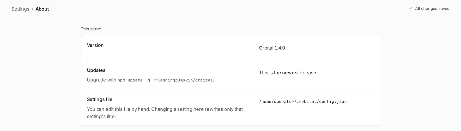 Settings, About page showing the running version, its updates and the path of the settings file.