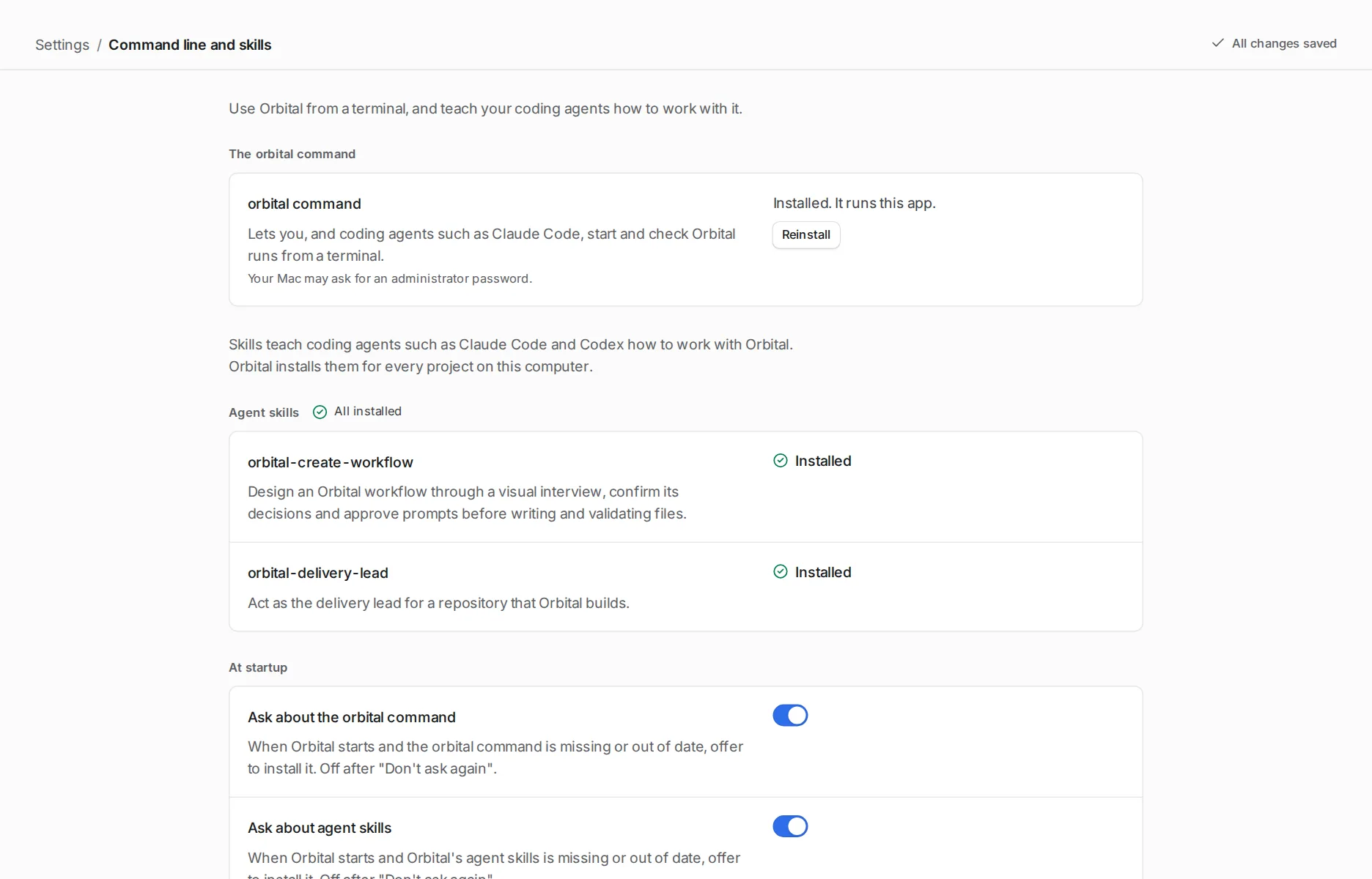 Settings, Command line and skills page showing the orbital command installed and the agent skills installed.