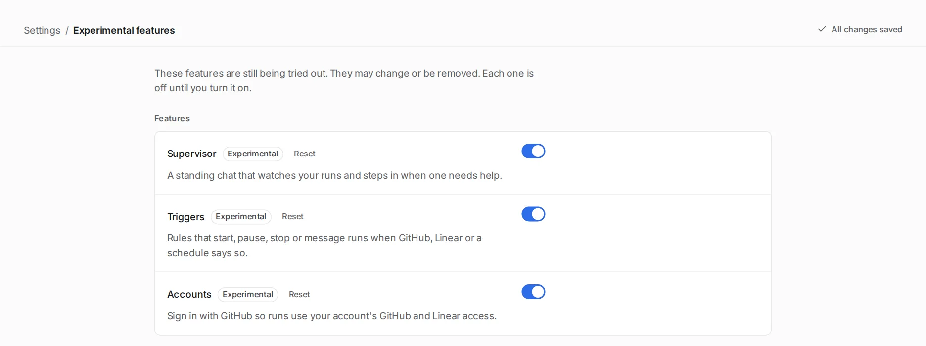 Settings, Experimental features, shows switches for the Supervisor, Triggers and Accounts.