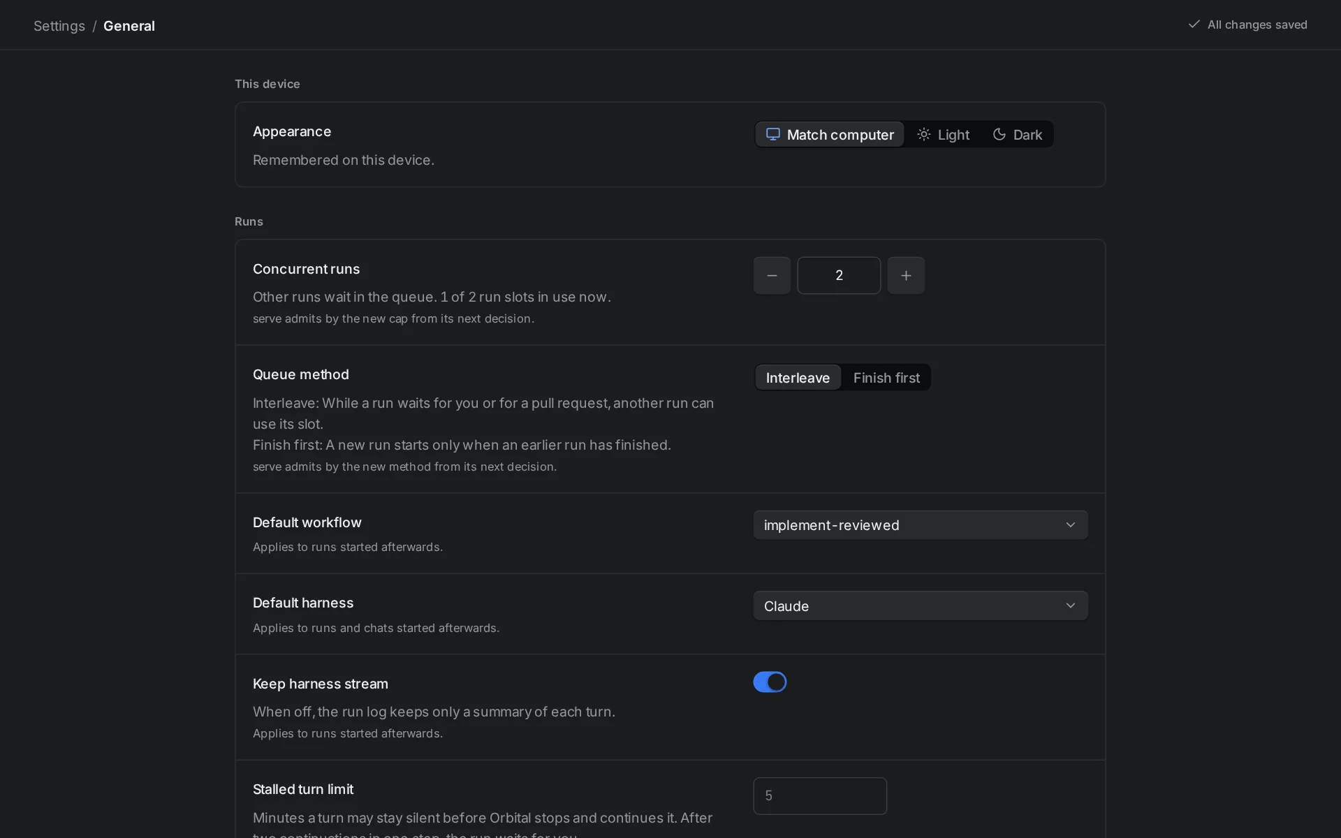The General settings page, with Appearance, Concurrent runs, Queue method, Default workflow, Default harness and other settings.