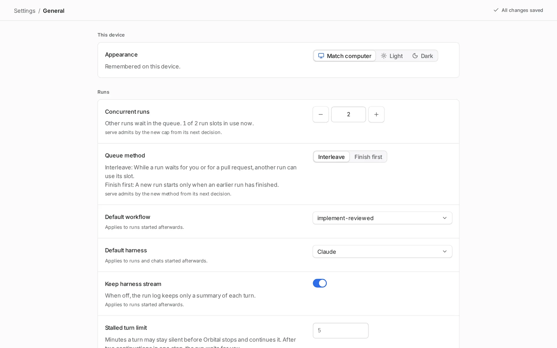Settings > General, with Appearance, Concurrent runs, Default workflow and Default harness.