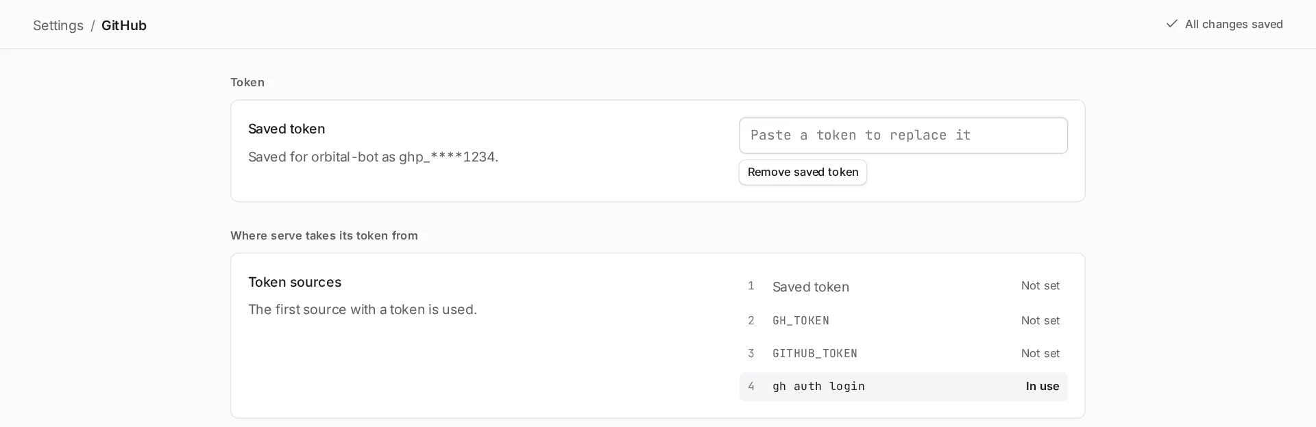 Settings, GitHub page showing a saved token and the token sources in order: saved token, GH_TOKEN, GITHUB_TOKEN and gh auth login.