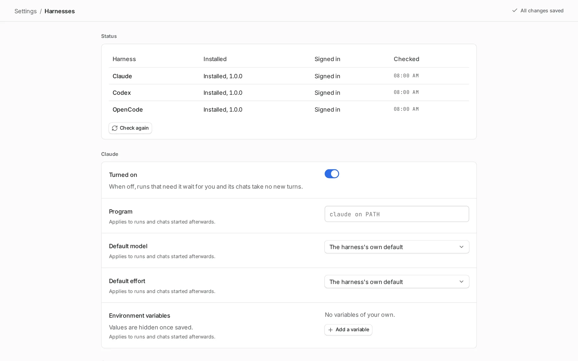 Settings, Harnesses page with a status table showing whether Claude, Codex and OpenCode are installed and signed in, followed by Claude's settings for turned on, program, default model, default effort and environment variables.