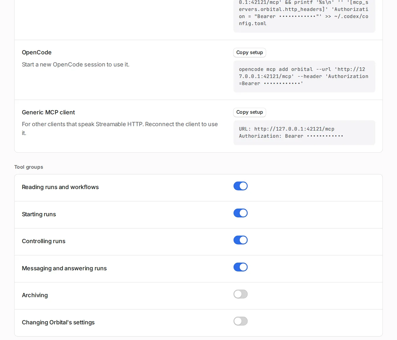 Settings, MCP, shows a switch for each tool group, with Archiving and Changing Orbital's settings off.