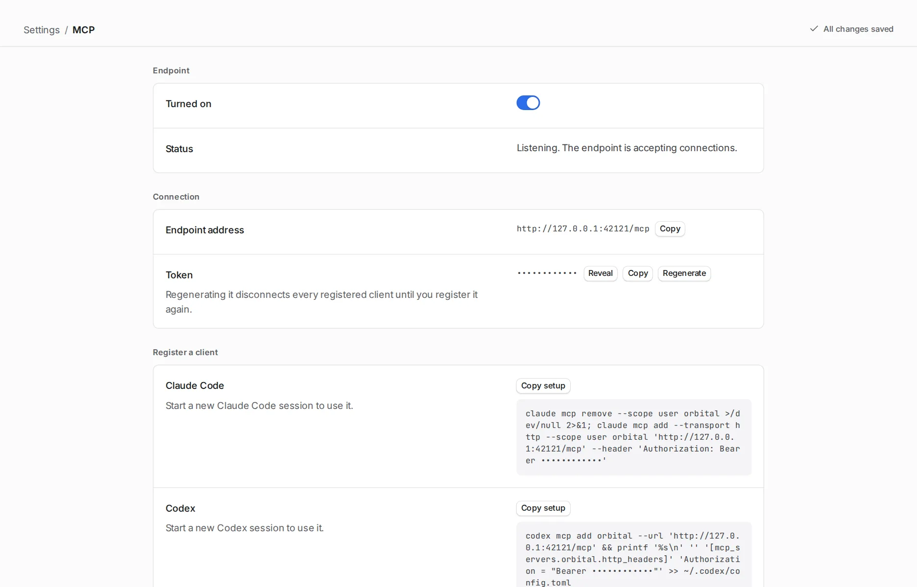 Settings, MCP page with the endpoint turned on, its status Listening, the endpoint address and token, and a Copy setup button for each client.