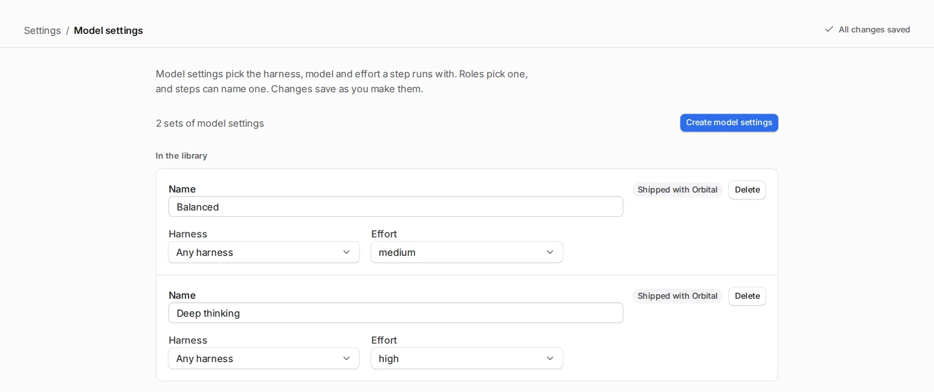 Settings, Model settings page lists Balanced and Deep thinking, each with its harness and effort.