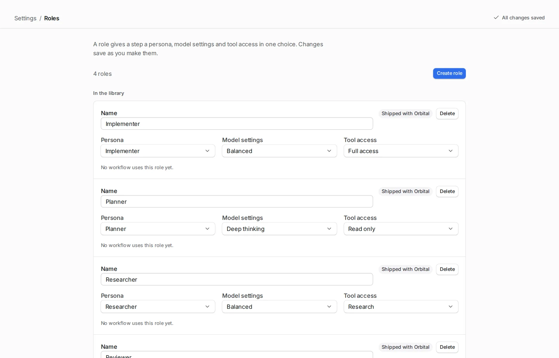 Settings, Roles page lists roles such as Implementer, Planner and Researcher, each with its persona, model settings and tool access.