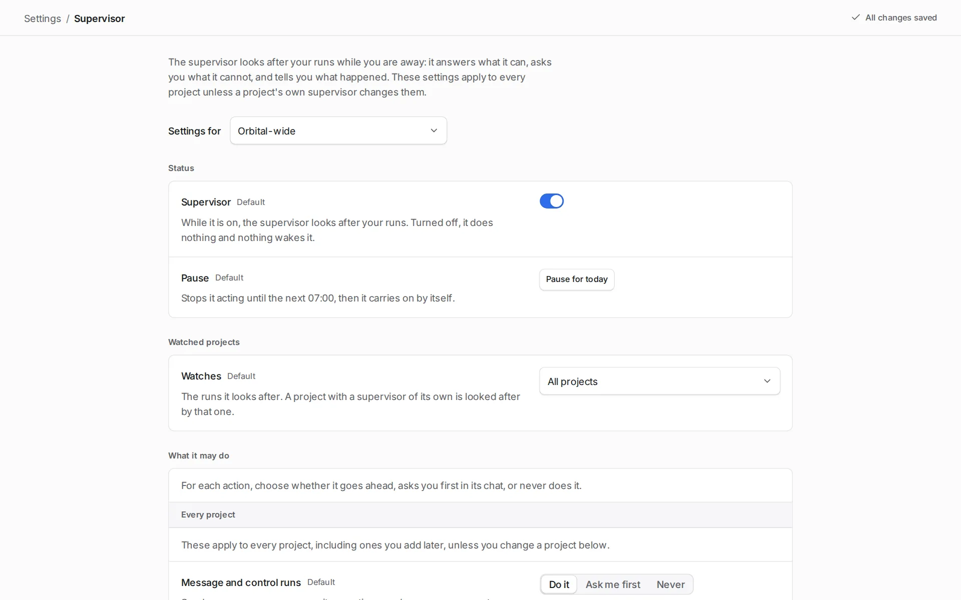 Settings, Supervisor, shows its status and pause control, the watched projects, and what it may do.