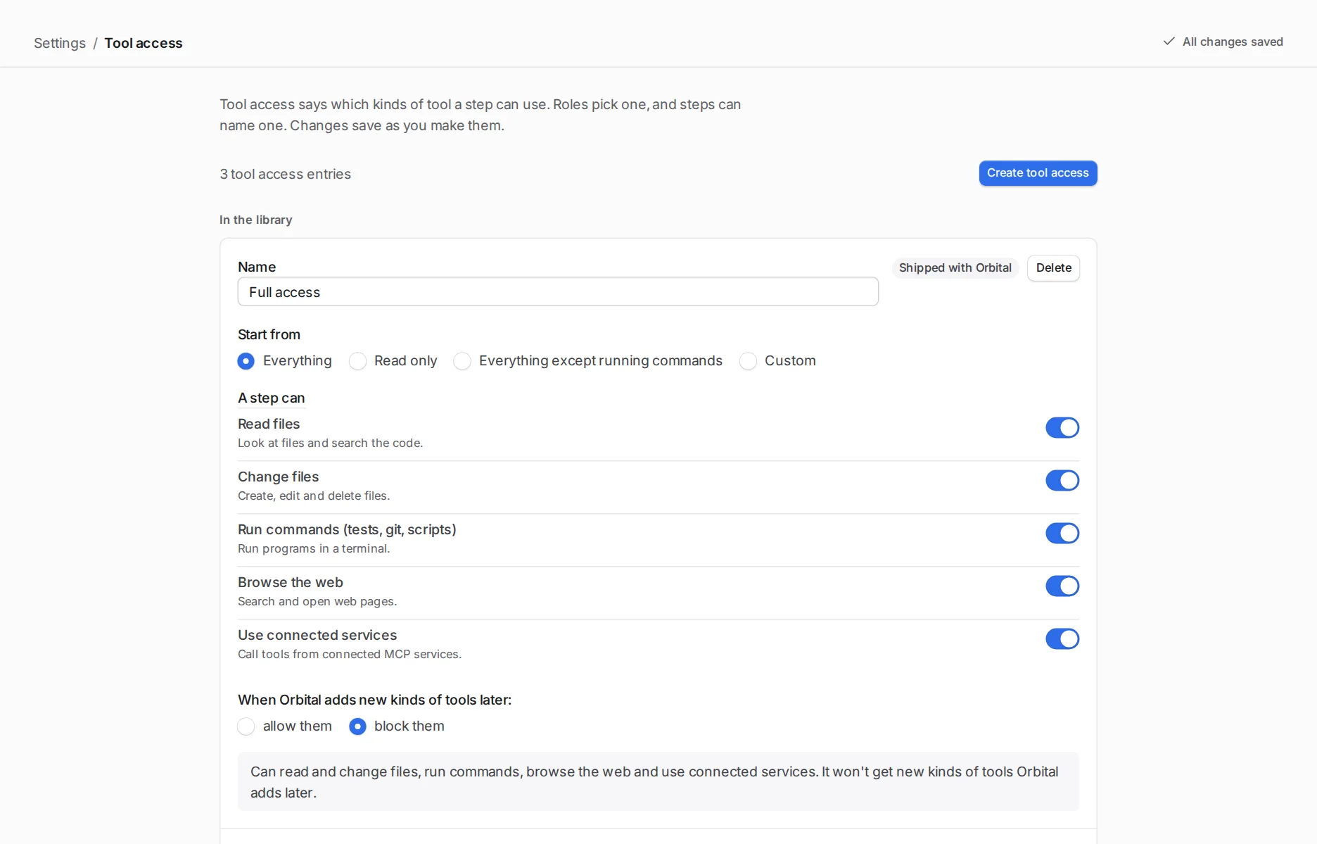 Settings, Tool access page shows the Full access entry with a start-from choice and a switch for each kind of tool.