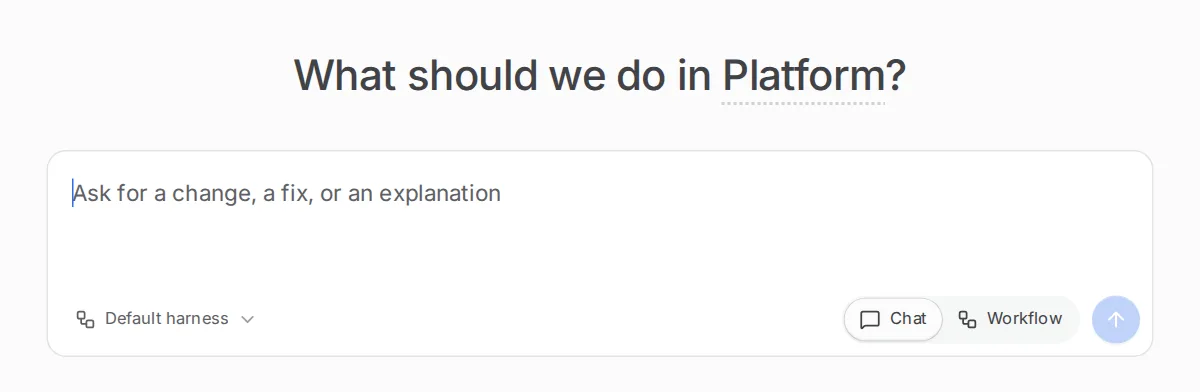 The Start page in chat mode shows the message box, the harness picker and the Chat and Workflow switch set to Chat.