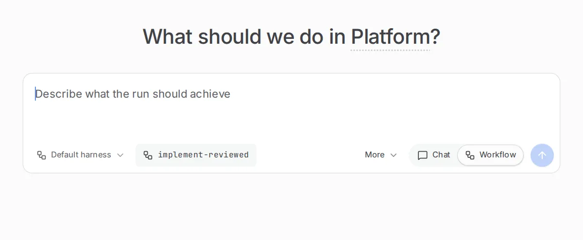 The Start page asking what to do in a project, with the goal box, the harness picker, the workflow picker and the Chat and Workflow switch.