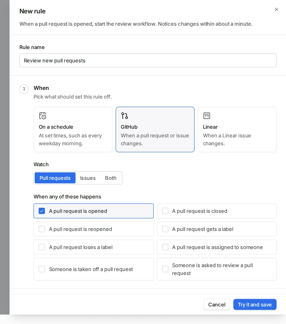 The New rule dialog set to GitHub pull requests, with the event 'A pull request is opened' chosen.