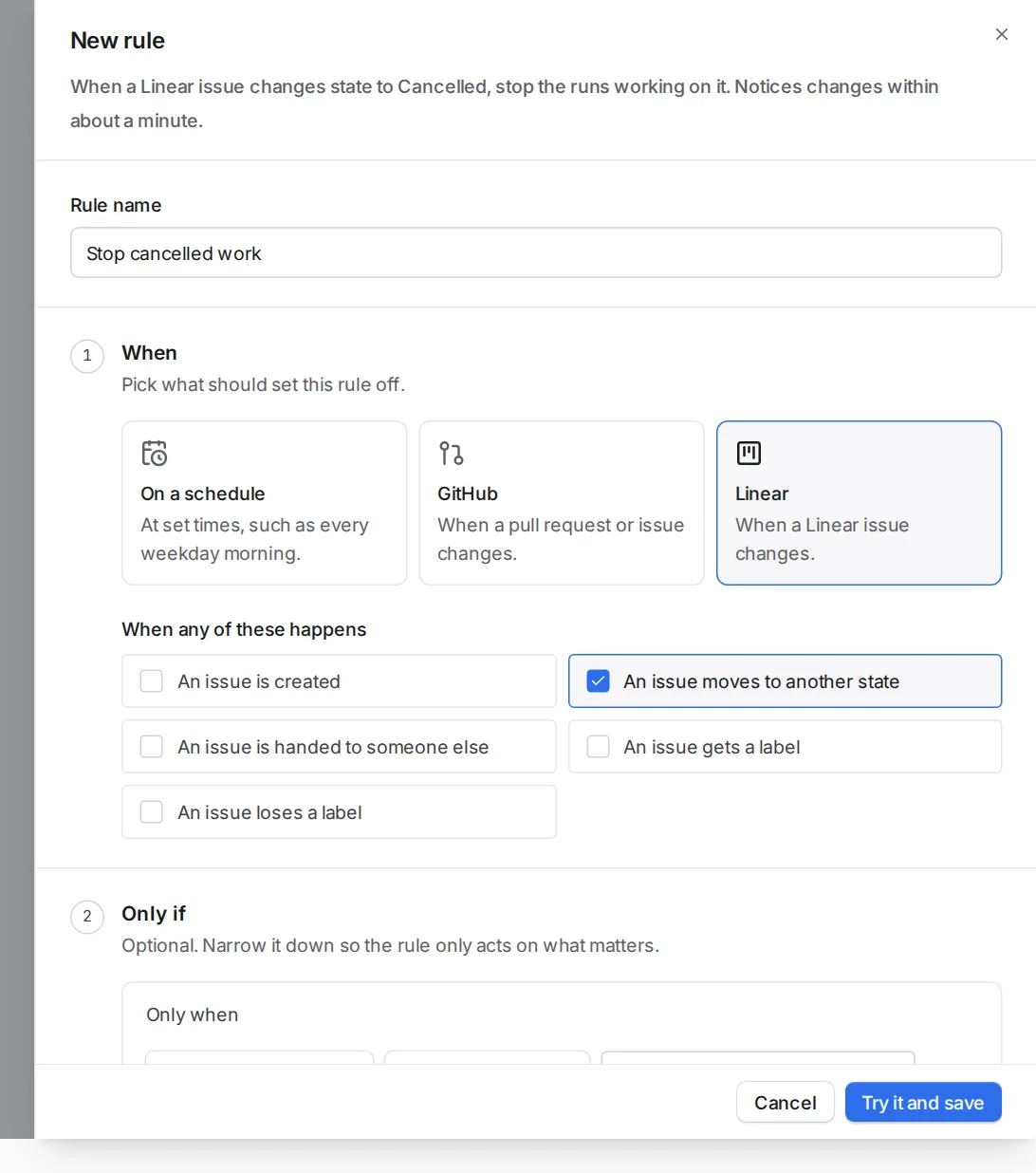 The New rule dialog set to Linear, with the event 'An issue moves to another state' chosen.