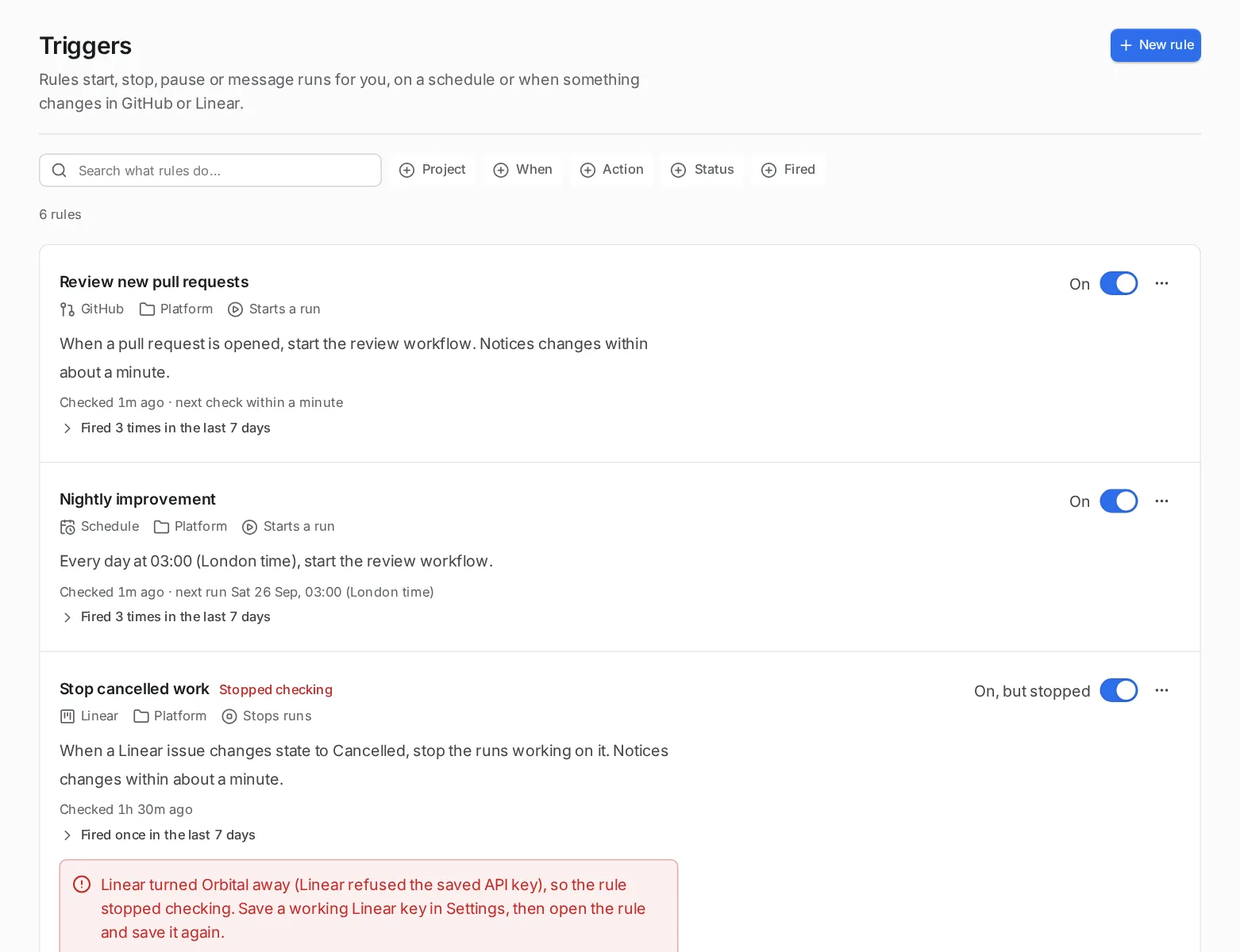 The Triggers page lists rules with their source, an on or off switch, what each rule does and its recent firings, and one rule shows an error.