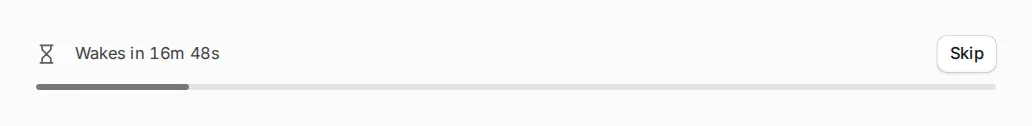 A wait step reads Wakes in 16m 48s, with a progress bar and a Skip button.