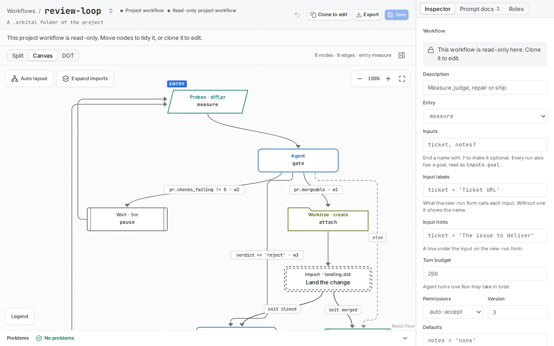 The workflow editor shows an import node for landing.dot, with two outgoing edges labelled exit closed and exit merged, and an Expand imports button above the canvas.